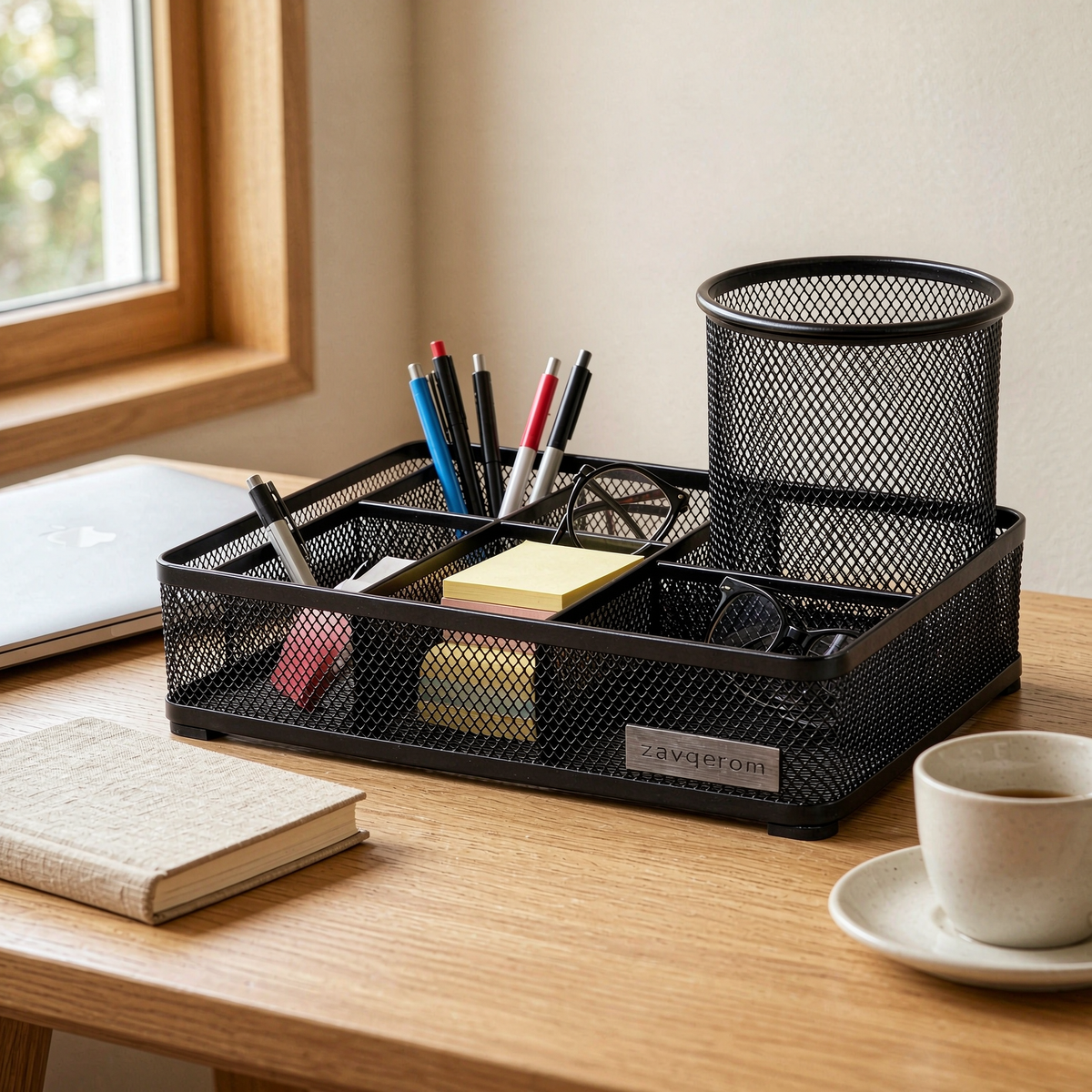 zavqerom Mesh Desk Organizer Tray — 5-Compartment Desktop Storage with Pen Cup