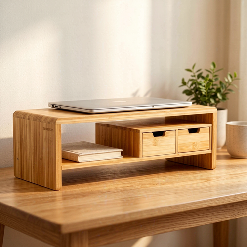 zavqerom Bamboo Monitor Stand with Storage Drawers — Solid Bamboo Desk Riser