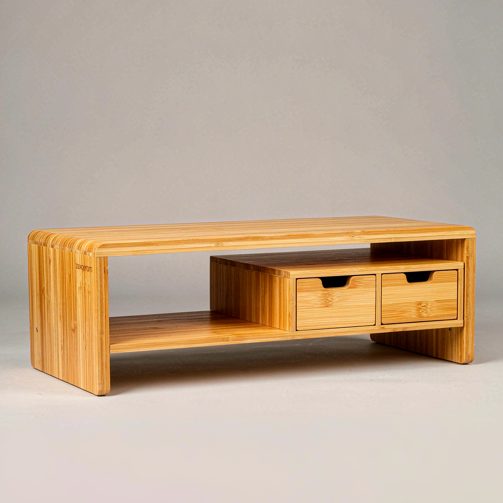 zavqerom Bamboo Monitor Stand with Storage Drawers — Solid Bamboo Desk Riser