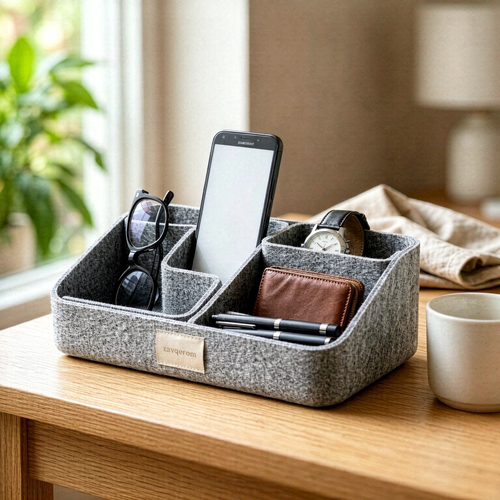 zavqerom Felt Desk Tray Organizer — Wool-Blend Felt Valet Tray with Phone Slot